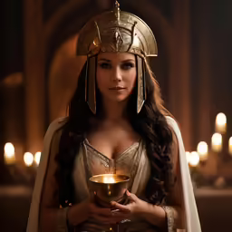 a beautiful woman dressed in gold holding a bowl