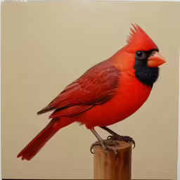 a red bird with black feet sitting on top of a piece of wood