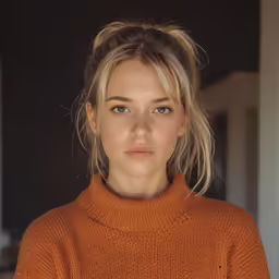 woman in brown shirt standing near white wall
