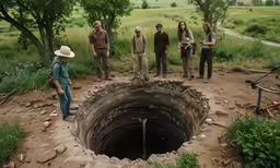 five people standing around a small hole that has water coming out