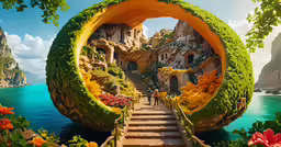 an artistic scene of a stairway through a forest filled with flowers