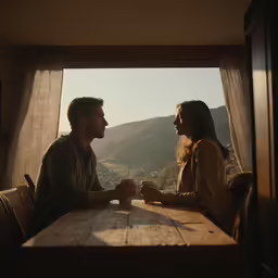 a couple in a recreational vehicle having a coffee