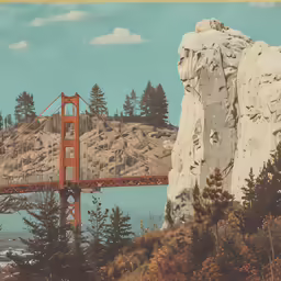 a bridge spanning across a body of water surrounded by trees