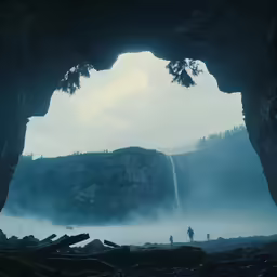 there are two people walking in the middle of this cave