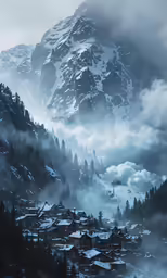 a mountain with snow on it and many houses in the middle of it