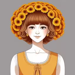 a cartoon girl with a wreath of sunflowers on her head,a woman with sunflowers in her hair
