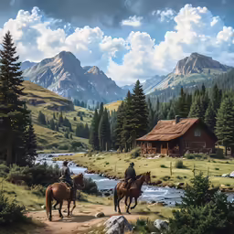 two people riding horses near a mountain cabin