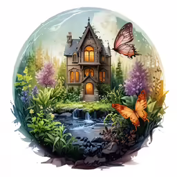 a house with butterflies on it and the windows are lit