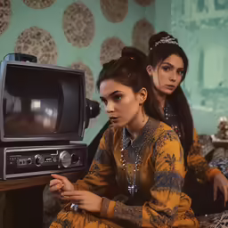 two girls sitting next to each other with a television