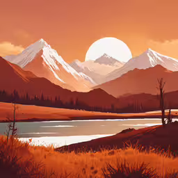 painting of mountains with lake at sunset in foreground,a painting of a mountain sunset over water