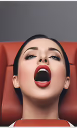 a woman in red chair with mouth open