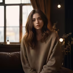 the woman sitting on the couch has long hair and is looking into the camera
