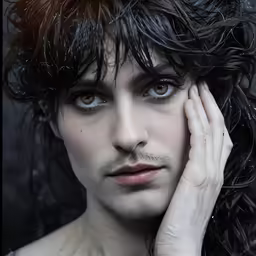 a shirtless man with blue eyes is looking over his shoulder