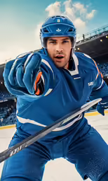 the man in blue uniform is wearing a helmet