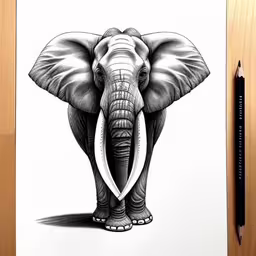 a black and white drawing of an elephant on paper,an elephant drawn on paper with pen and a pencil,an elephant in pen and ink on paper,a drawing of an elephant, with its long tusks,an elephant that is on a sheet of paper