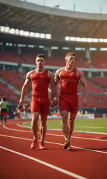 two men walk side by side on a track at a stadium