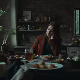 the young woman is sitting at the table and eating