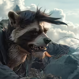 a furry wolf wearing a jacket and some rocks