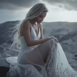 the blonde haired woman wearing white sits on a ledge