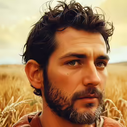this is a man with a beard in a field of wheat