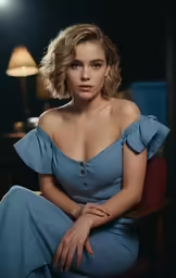 a woman with a cleavage in blue dress