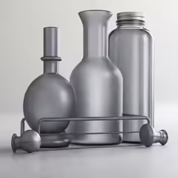 various gray glass containers on display in front of a wall