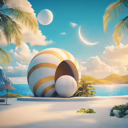 a pair of eggs sit in a sandy area next to palm trees