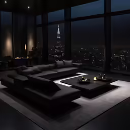 a large living room with windows overlooking the city