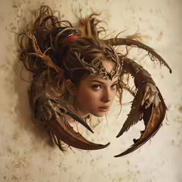 a woman with an owl wings on her head