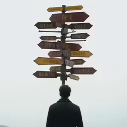 a man standing in front of a pole with lots of street signs