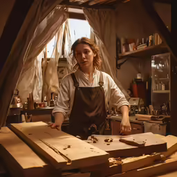 woman standing behind a table in front of wooden crates