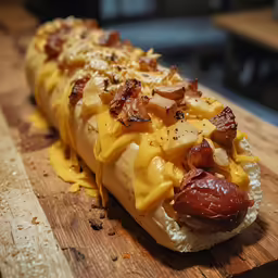 a hot dog on a wooden table has mustard, cheese and bacon
