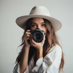 a girl in a white hat holding a camera