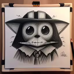 a drawing of a animal wearing a hat and tie,a drawing of a person with a hat and tie
