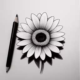 pencil and pencil drawing of a sunflower with ring,the pencil is next to a drawing of a flower
