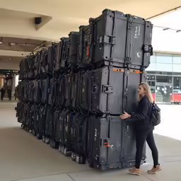 a woman in a black shirt is leaning against a stack of cases