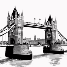 this black and white image has an intricate design and is the tower bridge