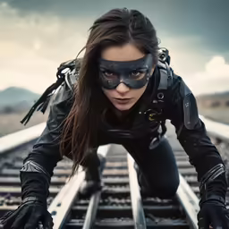 a woman in black garter and catwoman mask on the train tracks