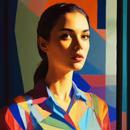 a woman is posed near a wall of colorful paper,a woman looks up at the camera while in front of a colorful wall