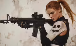 a girl holding an akw900 rifle on her arm