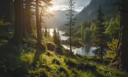 the sun shines brightly in a forest with the view of a mountain river