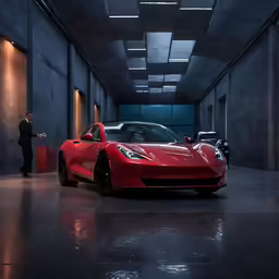 a man is standing in front of a red sports car