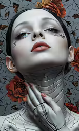 a woman is standing in front of a wall with roses on it