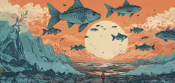 an illustration of many fish over the water with a sunset,a man looking up into the sky at the sun with many fish flying above
