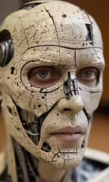 a man is with a robot suit and his face is dirty