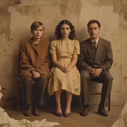 four people sit in front of a wall together