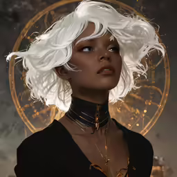 a woman with white hair and blue eyes