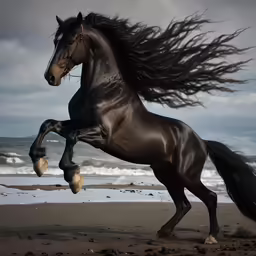 the long - legged horse jumps high over the sand on the beach