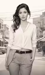 black and white photo of asian woman in a casual outfit