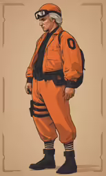 a drawing of a man with orange pants and goggles